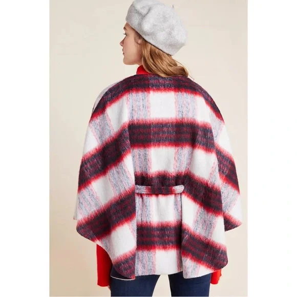 ANTHROPOLOGIE NWT Blue Plaid Brushed Wool Johanna Capelet Poncho Belted Cape OS